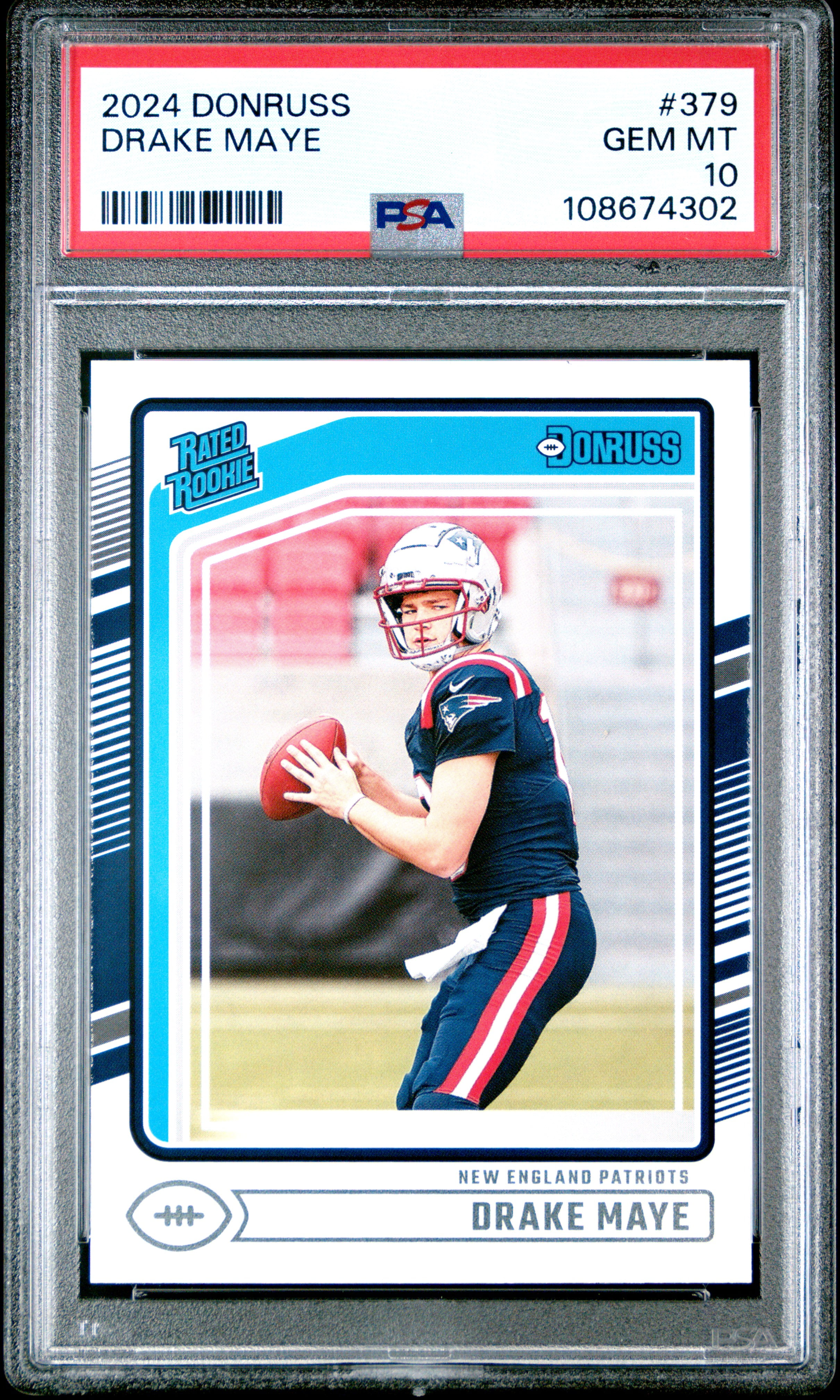 Drake Maye 2024 Donruss Rated Rookie Football Card #379 Graded PSA 10 Cert #108674302