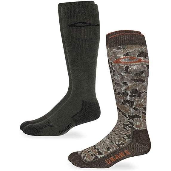 Drake Mens Socks, Merino Wool and Wick Camo Tall Boot Sock System, 2 Pairs