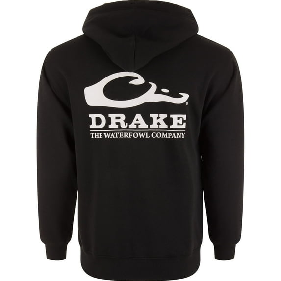 Drake Waterfowl Men's Logo Hoodie ? Midweight Cotton-Poly Fleece Pullover with Jersey-Lined Hood, Black, X-Large