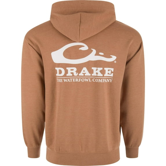 Drake Waterfowl Men's Logo Hoodie ? Midweight Cotton-Poly Fleece Pullover with Jersey-Lined Hood, Golden Pecan Dark Heather, X-Large