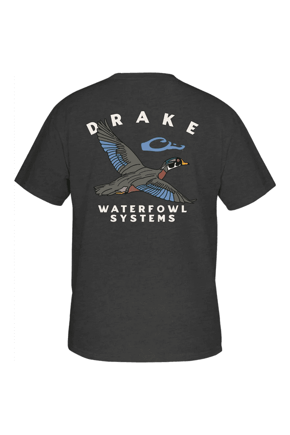 Mens Pocket T-Shirt - Retro Wood Duck Short Sleeve Design-Dark Shadow Heather-large