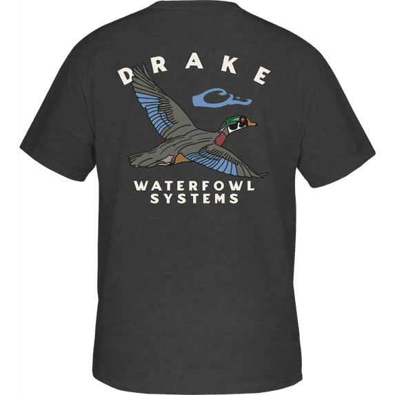 Drake Waterfowl Mens Pocket T-Shirt - Retro Wood Duck Short Sleeve Design-Dark Shadow Heather-medium
