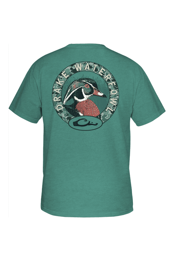 Mens Pocket T-Shirt - Wood Duck Circle Short Sleeve Design-Sea Blue Dark Heather-xxxl