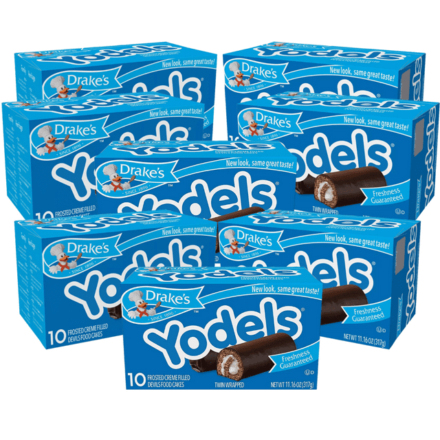 Drake's Cakes Yodels, 10 cakes per box, 11.16 oz of Rolled Devils Food Cakes (8-Boxes)