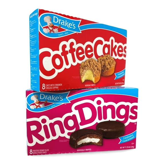 Drake's Coffee Cakes & Ring Dings Combo Pack 8 Count Box | Pack of 2 (16 Total Snack Cakes)