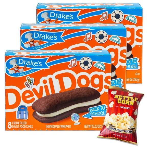 Drake's Devil Dogs (8ct, 3 packs) - Variety Pack - Sweet and Salty Kettle Corn (1, 5.5oz bag) - 4 Items Total