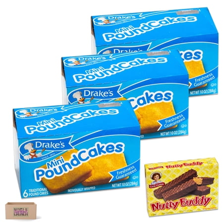 Drake's Mini Pound Cake (3, 6CT Boxes) - Sweet & Salty Kettle Corn (5.5oz) - Bundled by Noblecrunch - 4 Items Total