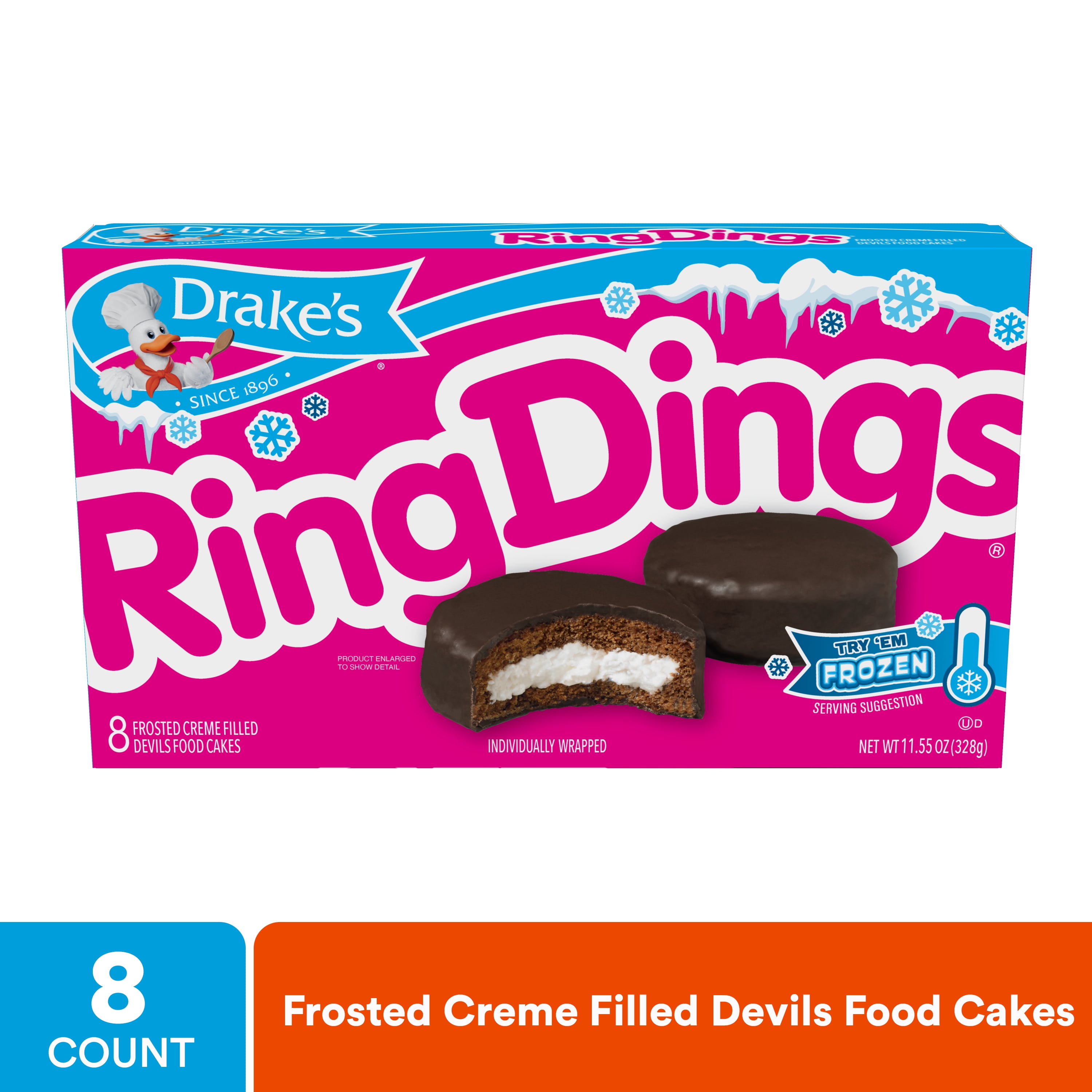 Drake's Food Ring Dings, 8 ct, 11.55 oz, Frosted Creme Filled