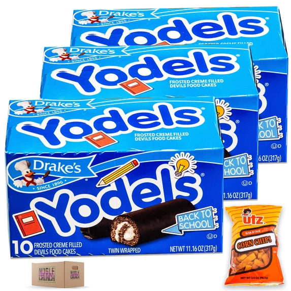 Drake's Yodels (3, 10ct packs) - Utz BBQ Corn Chips (1, 3.5oz bag) - Bundled by Noblecrunch - 4 Items Total