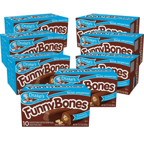 Drakes Funny Bones Snack Cakes, 10 cakes per box, 13.73oz of Funny Bones Peanut Butter Filled Devil's Cakes (8-Boxes)