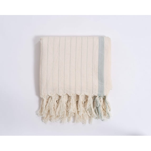 Pastel Blue Striped Large Bath Sheet with Tassel, High Quality Cotton & Linen Fabric, Unique Pool Towels for Family, Boho Decorative Throw