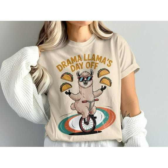 Drama Llama Day Off T-Shirt, Funny Animal Graphic Tee, Llama Riding Unicycle Shirt, Taco Lover Gift, Cool Llama Art T Shirt