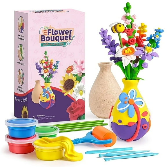Drama Planet Flower Craft Kit for Kids, Make Your Own Flower Bouquet with Air Dry Clay, Arrange Clay Flowers & Create Personalized Art, Great Gifts for Girls