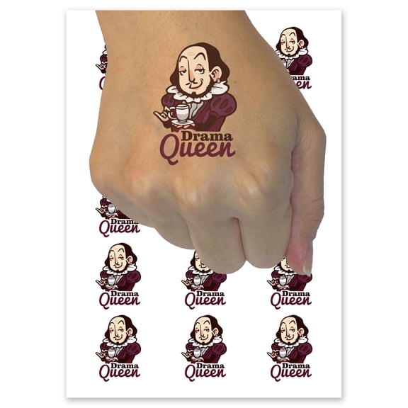 Drama Queen William Shakespear Tea Party Temporary Tattoo Water Resistant Fake Body Art Set Collection - 15 2" Tattoos (1 Sheet)