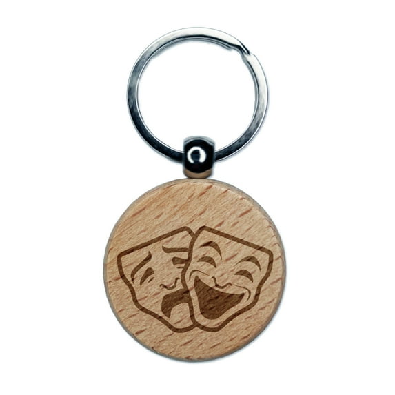 Drama Tragedy Comedy Masks Theater Round Keychain Charm Tag - Engraved Wood