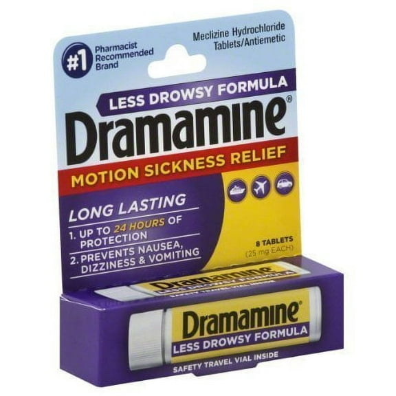 Dramamine 24H Protection Motion Sickness Relief Less Drowsy, 8ct, 2-Pack