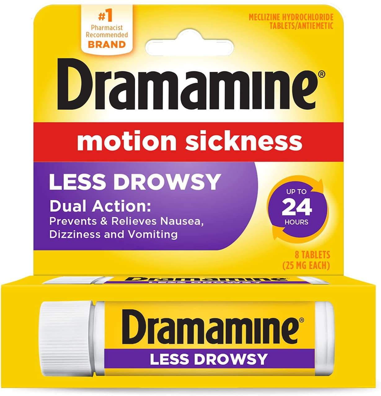 Dramamine 24Hr Protection Motion Sickness Relief All Day Less Drowsy, 8 ct.
