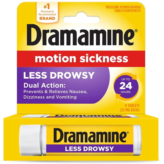 Dramamine 24Hr Protection Motion Sickness Relief All Day Less Drowsy, 8 ct.