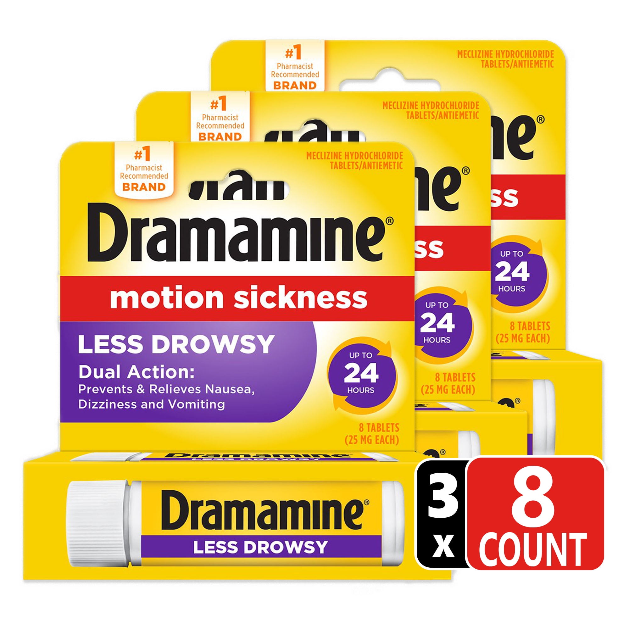 Dramamine All Day Less Drowsy, Motion Sickness Relief, 8 Count, 3 Pack