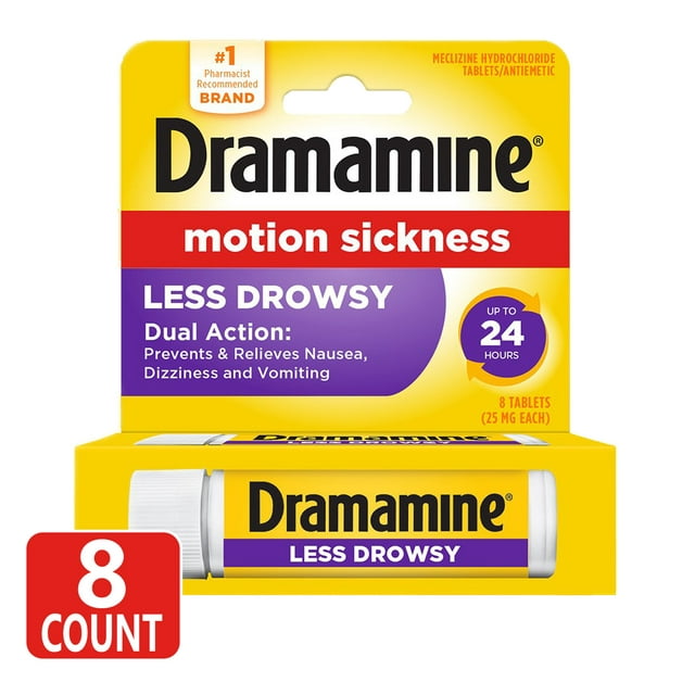 Dramamine All Day Less Drowsy, Motion Sickness Relief, 8 Count