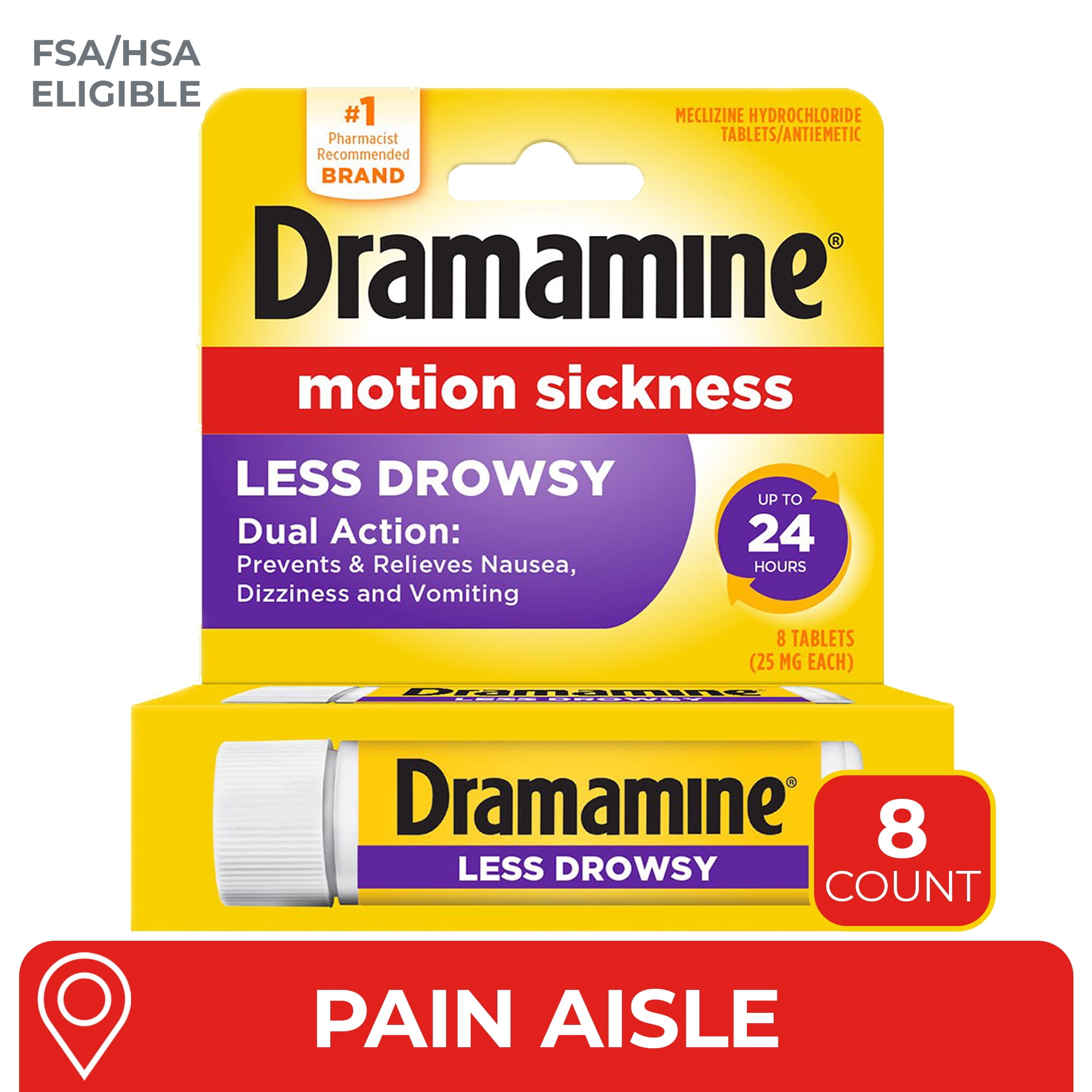 Dramamine All Day Less Drowsy, Motion Sickness Relief, Sensitive Stomach, 8 Count