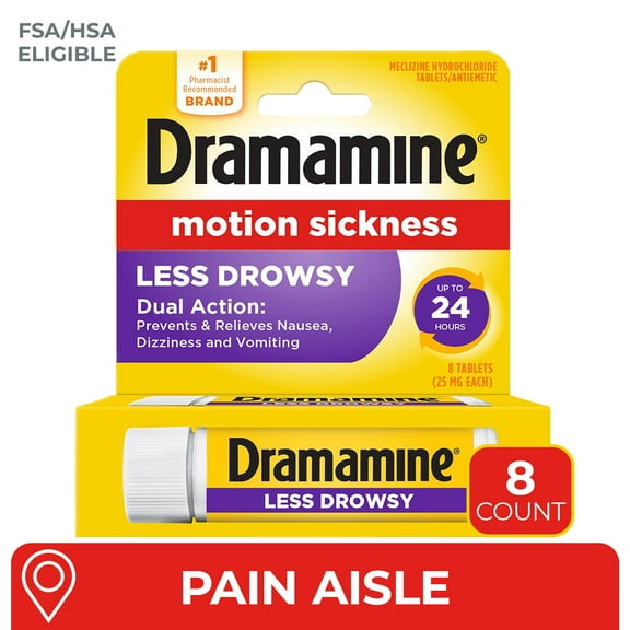 Dramamine All Day Less Drowsy, Motion Sickness Relief, Sensitive Stomach, 8 Count