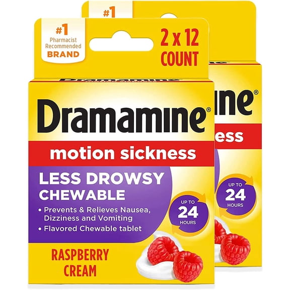 Dramamine Chewable Less Drowsy, Motion Sickness Relief, Raspberry Cream Flavor, 12 Count, 2 Pack