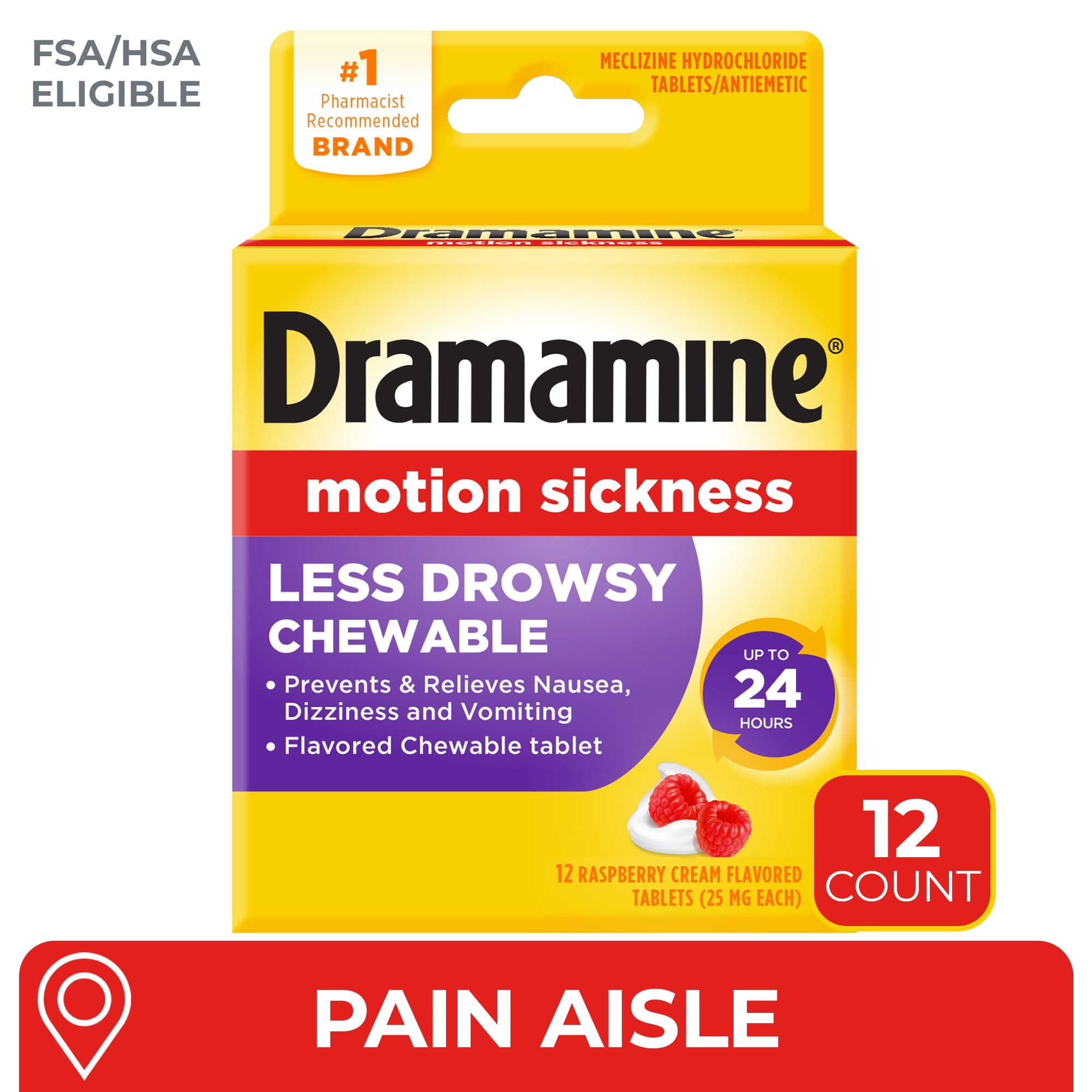 Dramamine Chewable Less Drowsy, Motion Sickness Relief, Raspberry Cream Flavor, 12 Count