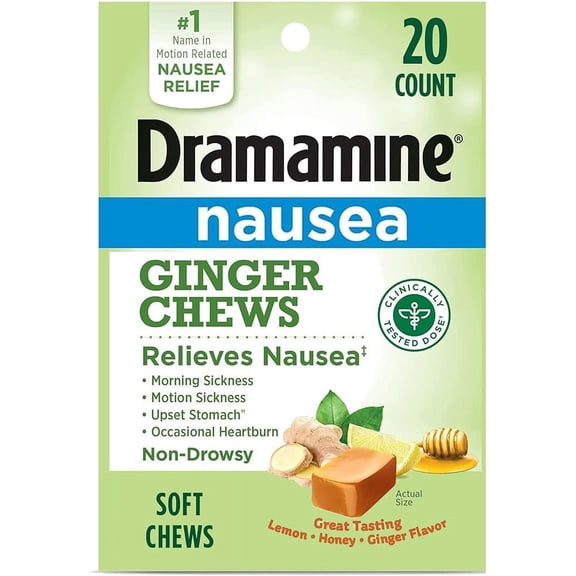 Dramamine Ginger Chews, Nausea Relief Soft Chews Lemon-Honey-Ginger, 20 Count