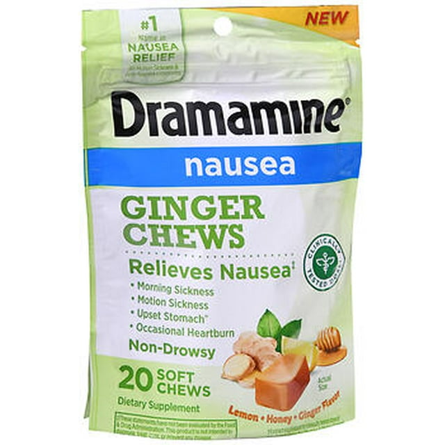 Dramamine Ginger Chews, Nausea Relief Soft Chews LemonHoneyGinger, 20 Count