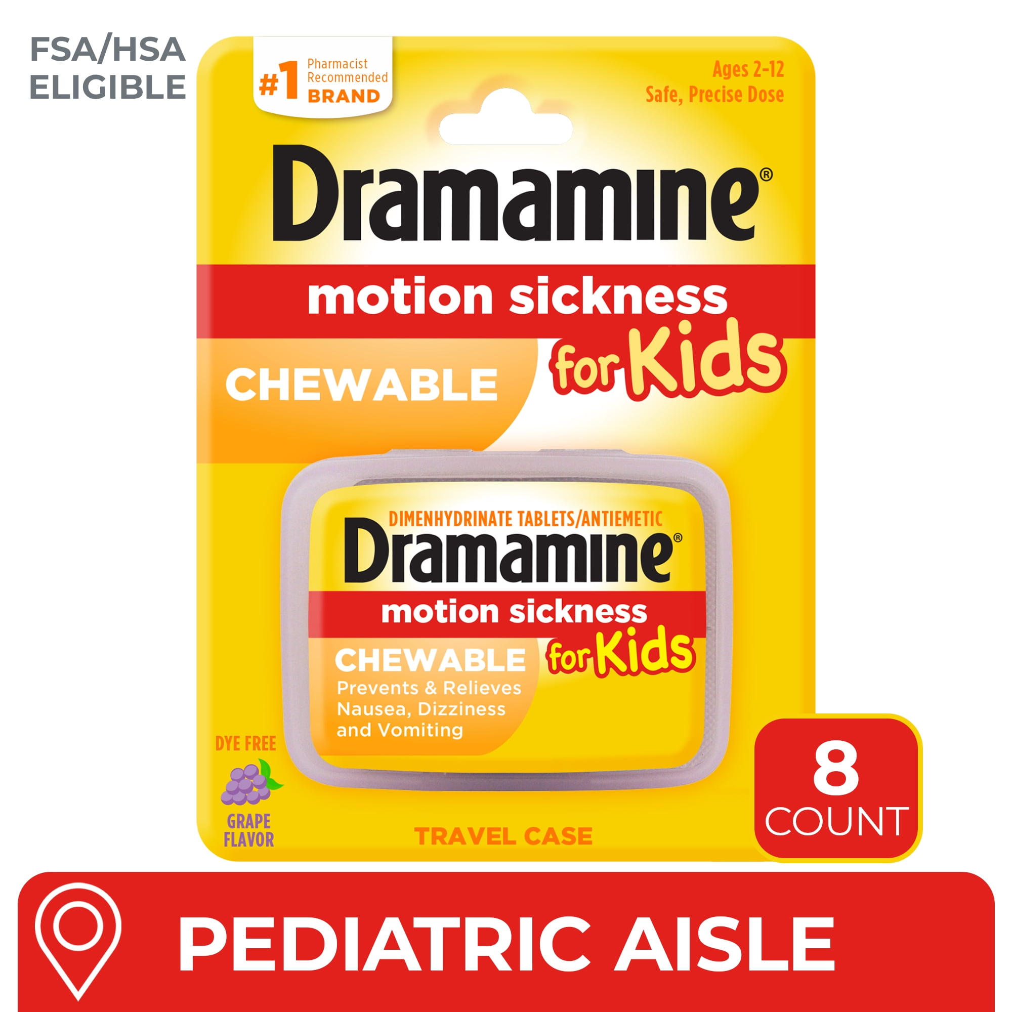 Dramamine Kids Chewable, Motion Sickness Relief, Grape Flavor, 8 Count