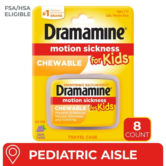 Dramamine Kids Chewable, Motion Sickness Relief, Grape Flavor, 8 Count