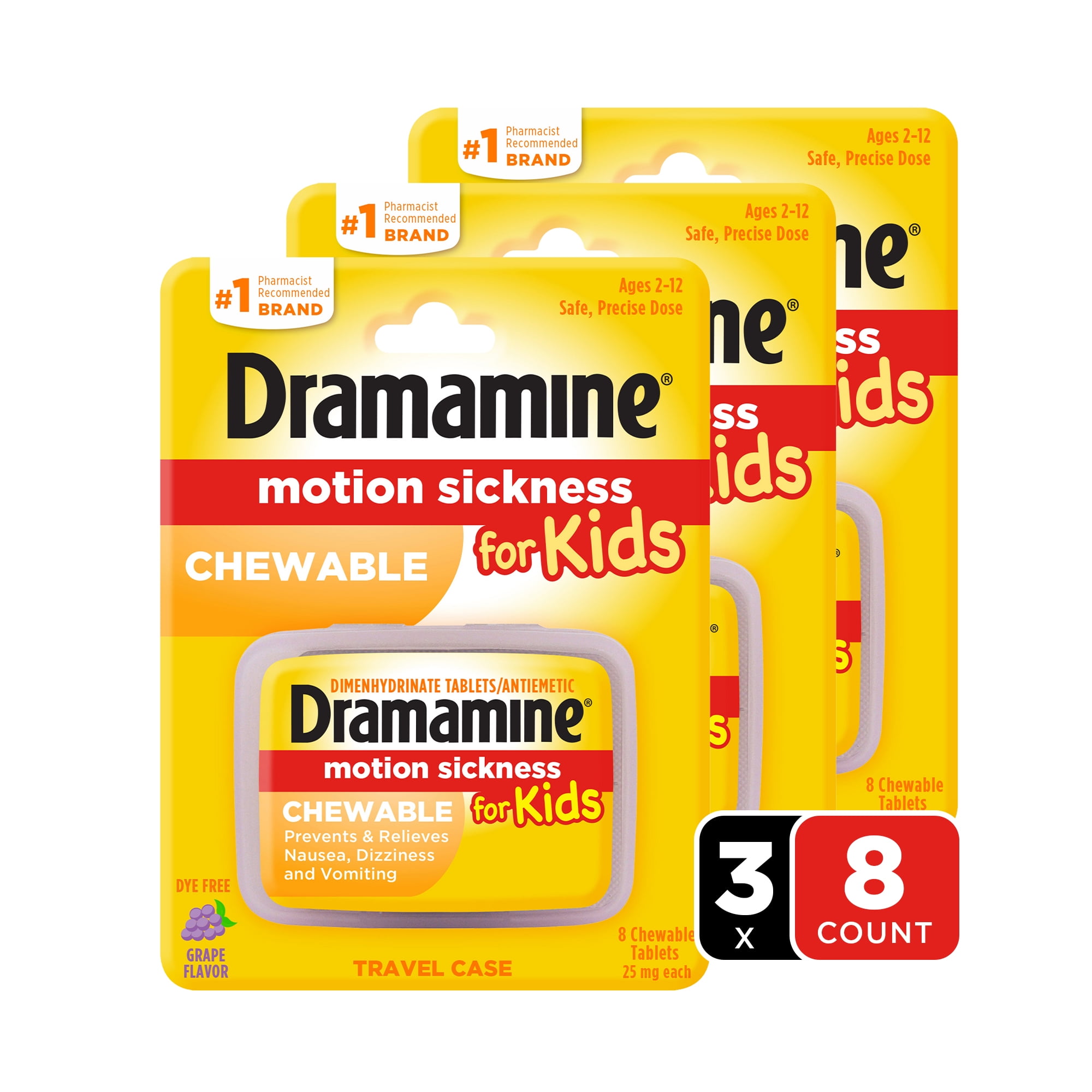 Dramamine Kids Chewable, Motion Sickness Relief, Grape Flavor for Children's Health, 8 Count, 3 Pack