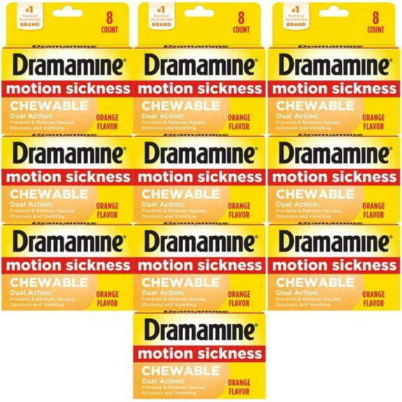 Dramamine Motion Sickness Chewable, Orange flavored, 8 ct (Pack - 10)