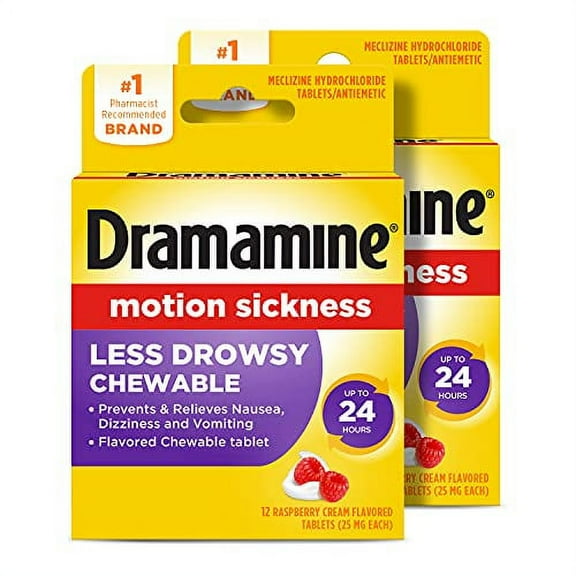 Dramamine Motion Sickness Less Drowsy Chewable, Raspberry Cream Flavored, 12 Count, 2 Pack