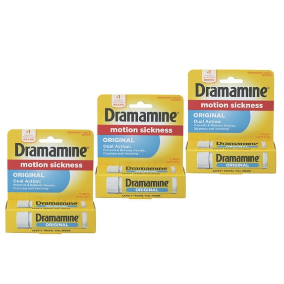 Dramamine Motion Sickness Original, Travel Vial, 12 Count, 3 Pack