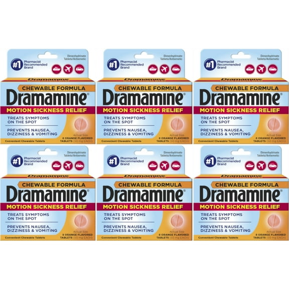 Dramamine Motion Sickness Relief Chewable Tablet Orange Flavor, 8ct, 6-Pack