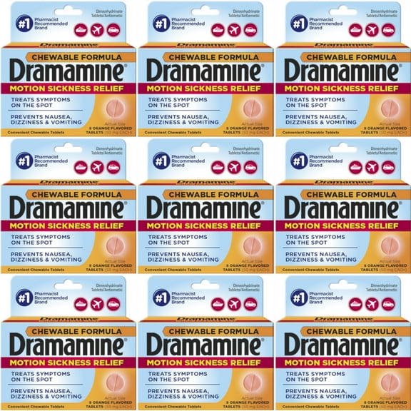 Dramamine Motion Sickness Relief Dual Action, Orange Flavor, 8ct, 9-Pack