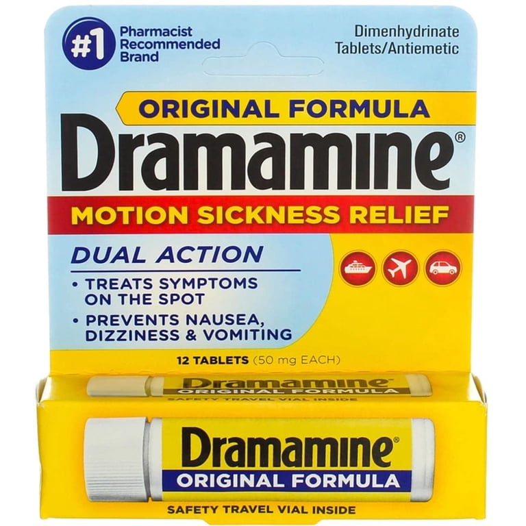 Dramamine Brand Motion Sickness Relief Pills, Original Formula, 50 mg, Travel Essential, Pack of 2