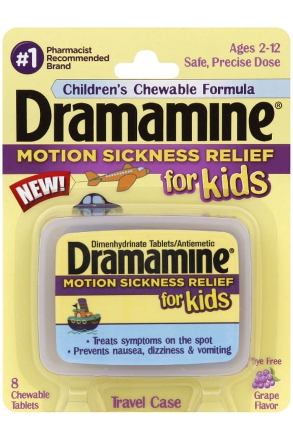 "Dramamine Motion Sickness Relief for Kids Travel Case, Grape, 8 ct, 5-Pack"