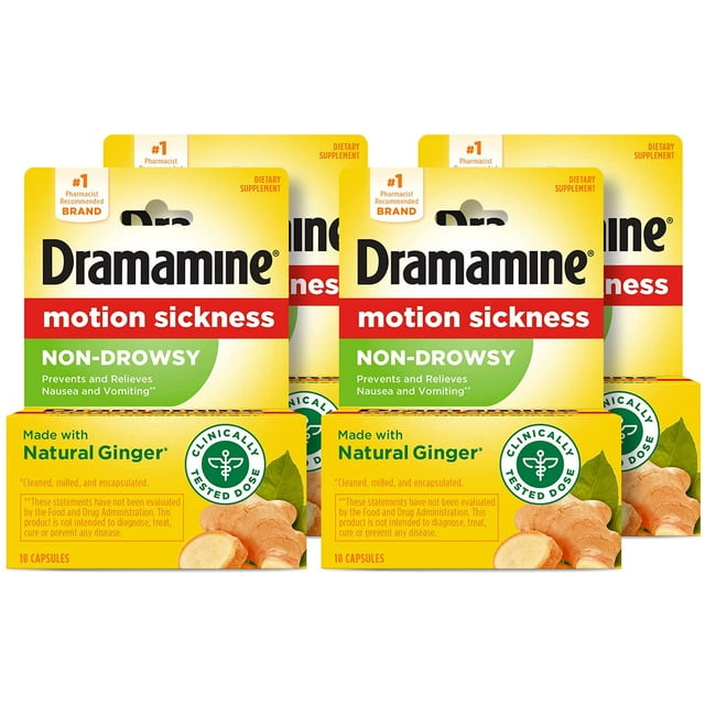 Dramamine NonDrowsy Naturals Motion Sickness Relief 18 Capsules 4 Pack