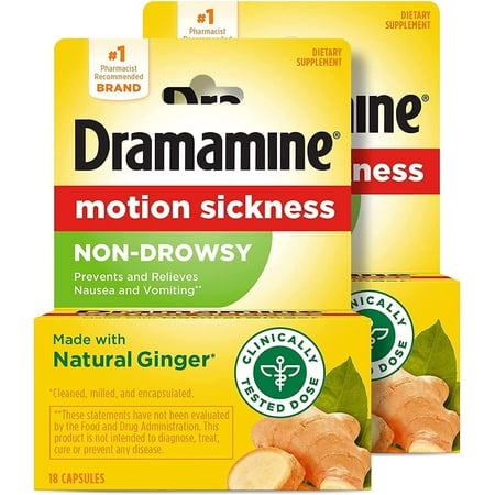 product image of Dramamine Non-Drowsy Naturals Motion Sickness Relief Capsules with Natural Ginger 18 ea, 18 ct (Pack - 2)