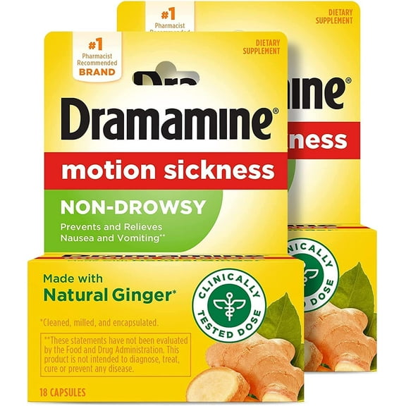 Dramamine Non-Drowsy Naturals Motion Sickness Relief Capsules with Natural Ginger 18 ea, 18 ct (Pack - 2)