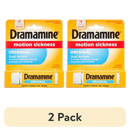 (2 pack) Dramamine Original, Motion Sickness Relief, Travel Vial, 12 Count