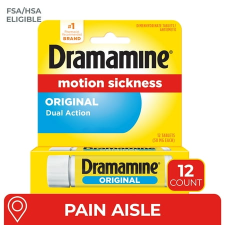 Dramamine Original, Motion Sickness Relief, Sensitive Stomach Travel Vial, 12 Count