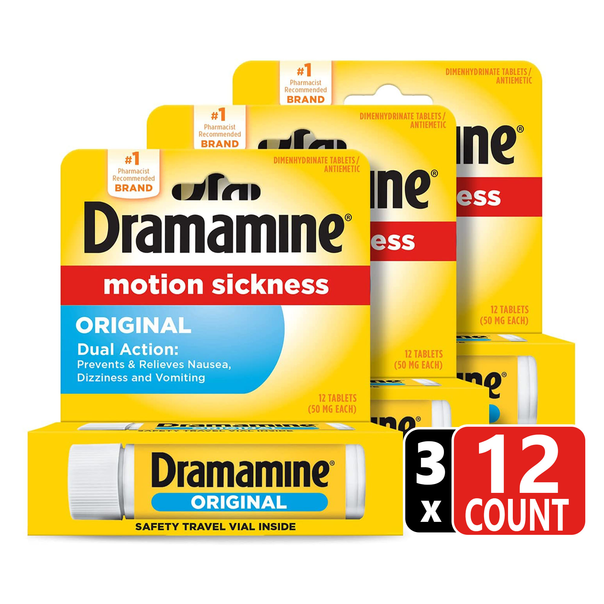 Dramamine Original, Motion Sickness Relief, Travel Vial, 12 Count, 3