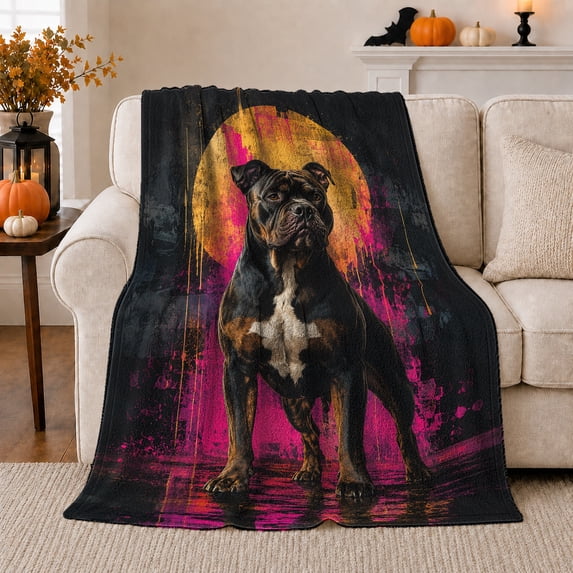 Dramatic Boxer Dog Under Moonlit Grunge Art, Mystical Pet Portrait Pattern, Warm Flannel Blanket for Living Room and Bedroom, Dog Lovers Just Because Gift, Pet Lover Home Decor