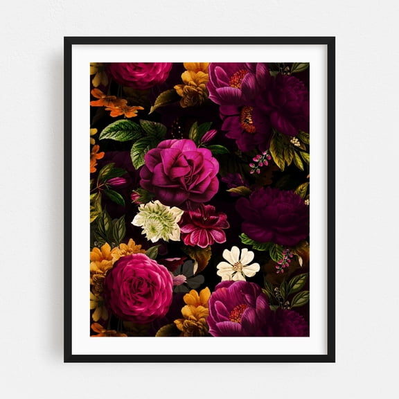 Dramatic Burgundy Midnight Rose Garden - Painting Floral Flowers Botanical Garden Vintage Pattern Autumn Black Framed Wall Art Print 9 x 12 inches