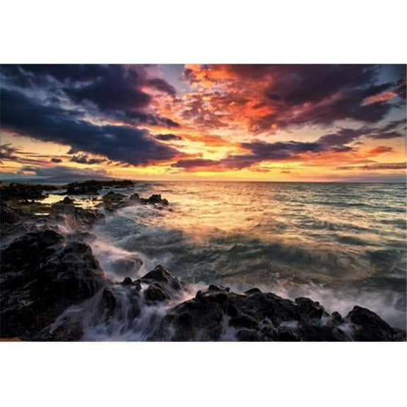 Dramatic Colourful Sky At Sunset Over The Pacific Ocean & The Rugged Coastline of A Hawaiian Island - Hawaii United State Poster Print by Scott Mead, 18 x 12