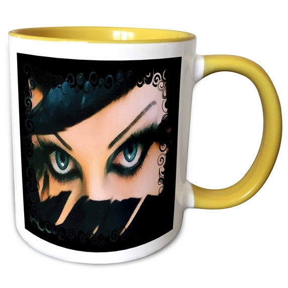 3drose, Dramatic Eyes with Feather, 15oz Two-tone Yellow Mug